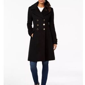 Wool Blend Black Double Breasted Coat with Gold Buttons